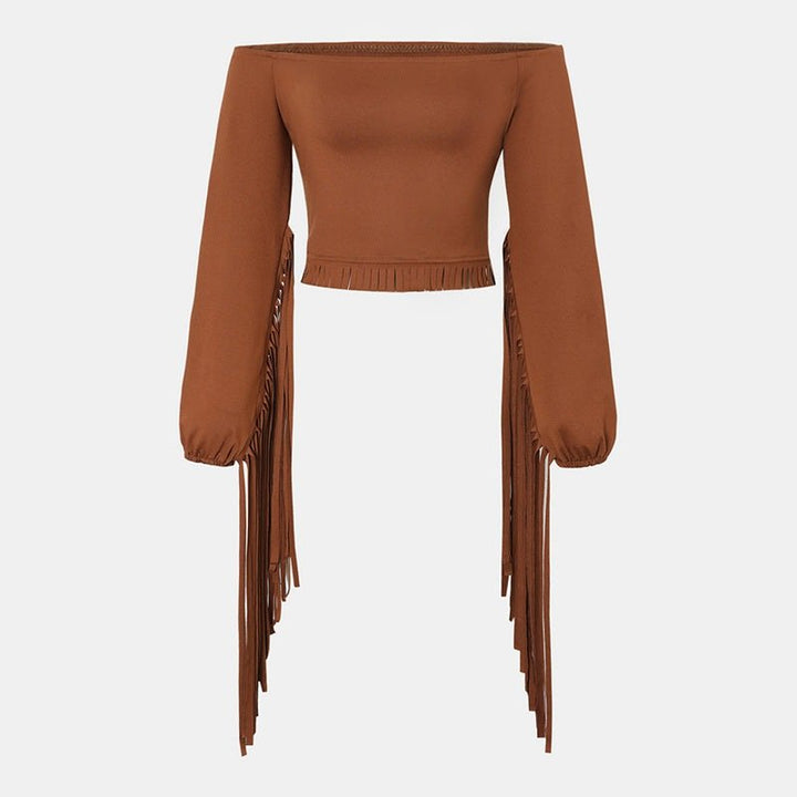 Women's Solid Color Western Cowgirl Style Off - Shoulder Fringe Top - Sexy Slim Fitted Long Sleeve Tassel Blouse - Glow Goddess