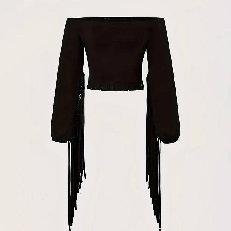 Women's Solid Color Western Cowgirl Style Off - Shoulder Fringe Top - Sexy Slim Fitted Long Sleeve Tassel Blouse - Glow Goddess