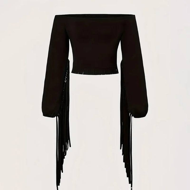 Women's Solid Color Western Cowgirl Style Off - Shoulder Fringe Top - Sexy Slim Fitted Long Sleeve Tassel Blouse - Glow Goddess