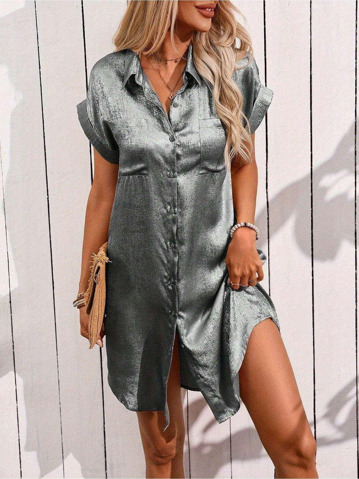 Women'S Summer Hot Stamping Batwing Short Sleeved V - Neck Front Double Pocket Button Up Shirt Dress, Vacation Party Casual Top - Glow Goddess