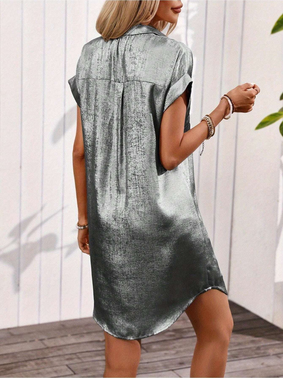 Women'S Summer Hot Stamping Batwing Short Sleeved V - Neck Front Double Pocket Button Up Shirt Dress, Vacation Party Casual Top - Glow Goddess