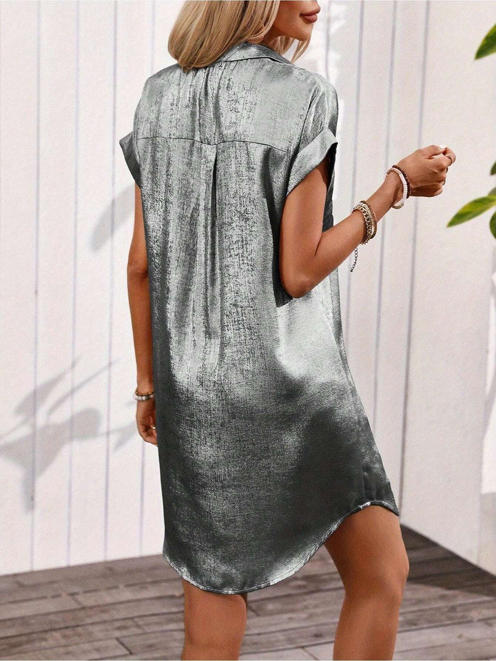 Women'S Summer Hot Stamping Batwing Short Sleeved V - Neck Front Double Pocket Button Up Shirt Dress, Vacation Party Casual Top - Glow Goddess