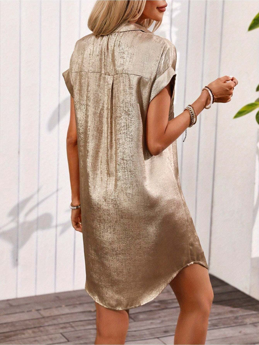 Women'S Summer Hot Stamping Batwing Short Sleeved V - Neck Front Double Pocket Button Up Shirt Dress, Vacation Party Casual Top - Glow Goddess