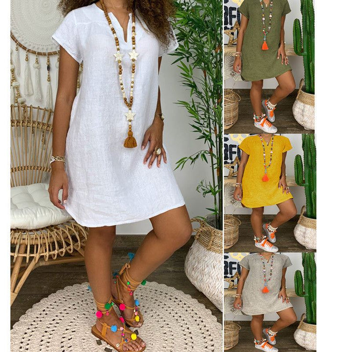 Women's Summer V - Neck Sundress – Casual Short Sleeve Boho Beach Dress in Solid Colors - Glow Goddess