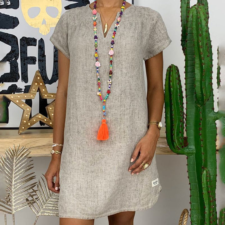 Women's Summer V - Neck Sundress – Casual Short Sleeve Boho Beach Dress in Solid Colors - Glow Goddess