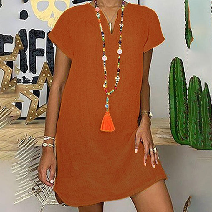 Women's Summer V - Neck Sundress – Casual Short Sleeve Boho Beach Dress in Solid Colors - Glow Goddess