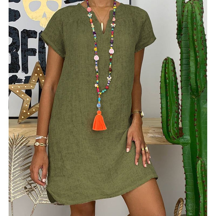 Women's Summer V - Neck Sundress – Casual Short Sleeve Boho Beach Dress in Solid Colors - Glow Goddess