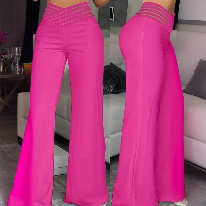 Women's Transparent Mesh Patchwork High Waist Pants With Elegant Cross Detail, Solid Color Fashion Trousers - Glow Goddess