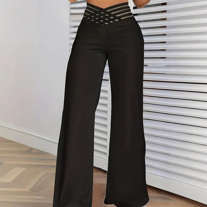 Women's Transparent Mesh Patchwork High Waist Pants With Elegant Cross Detail, Solid Color Fashion Trousers - Glow Goddess