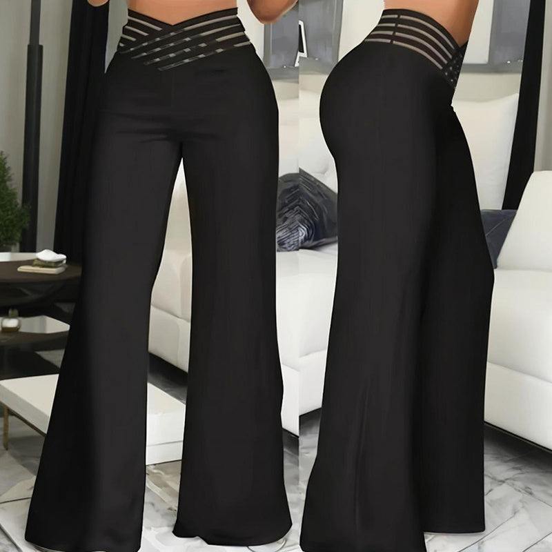 Women's Transparent Mesh Patchwork High Waist Pants With Elegant Cross Detail, Solid Color Fashion Trousers - Glow Goddess