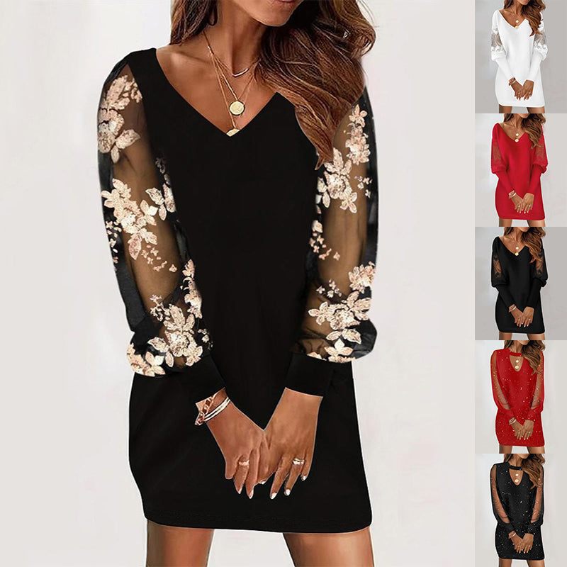 Women's V - neck Lace Splicing Dress - Long - Sleeved Spring and Autumn Style - Glow Goddess