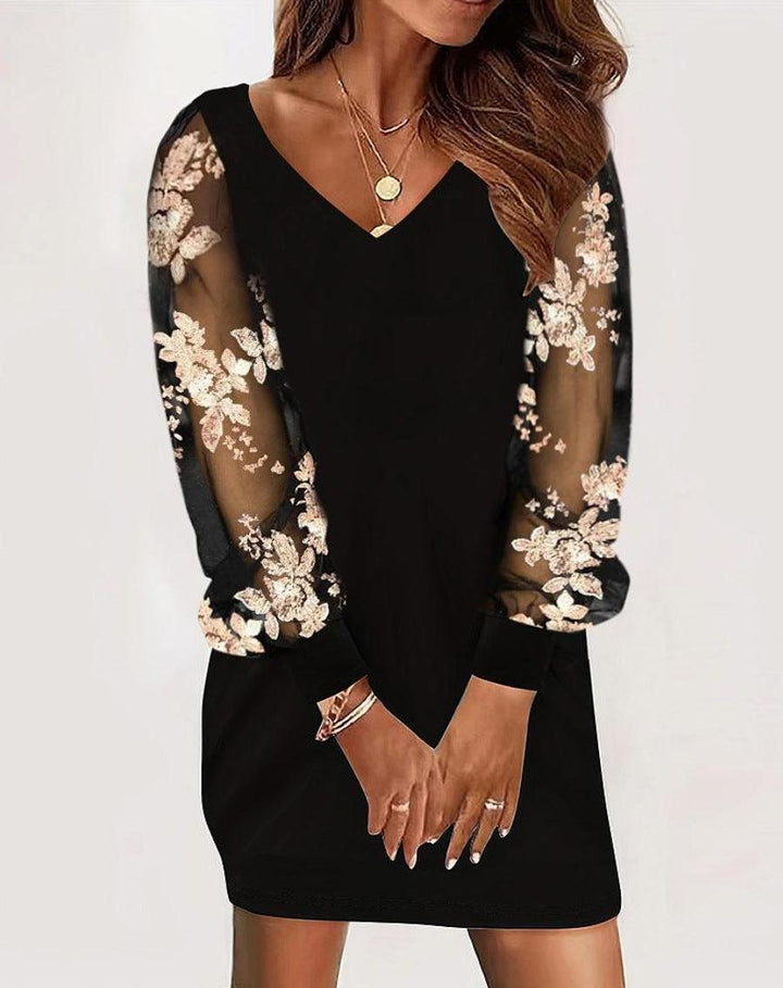 Women's V - neck Lace Splicing Dress - Long - Sleeved Spring and Autumn Style - Glow Goddess