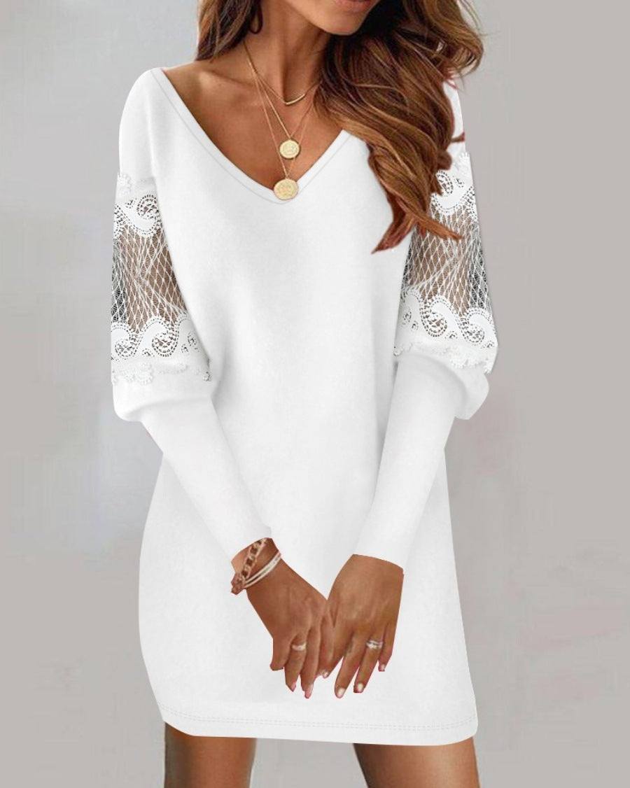 Women's V - neck Lace Splicing Dress - Long - Sleeved Spring and Autumn Style - Glow Goddess