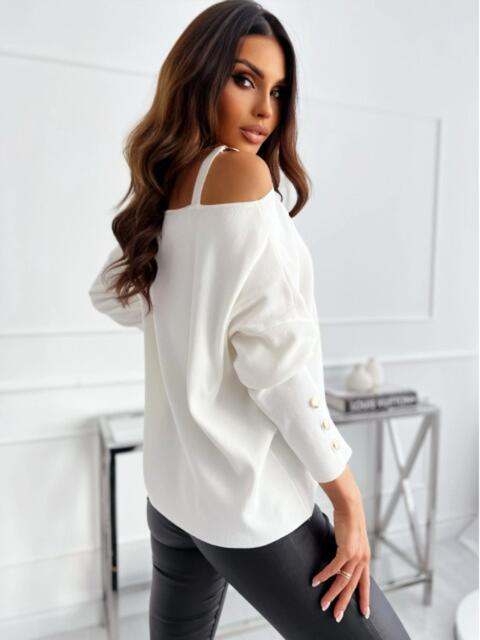 Women’s asymmetrical buttoned top with modern neckline design, stylish blouse for casual or office wear