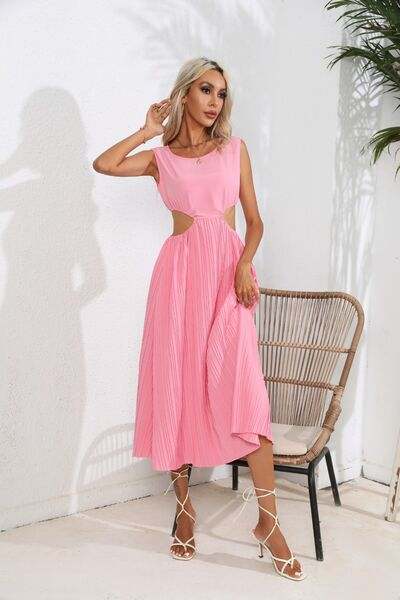 Cutout Ruched Round Neck Tank Dress - Glow Goddess