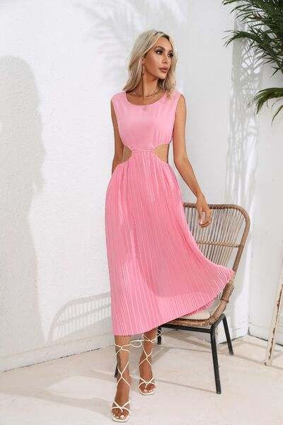 Cutout Ruched Round Neck Tank Dress - Glow Goddess