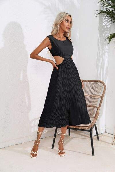 Cutout Ruched Round Neck Tank Dress - Glow Goddess