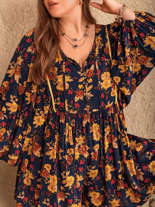 Plus Size Floral Tie Neck Balloon Sleeve Romper - Glow Goddess