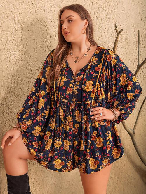 Plus Size Floral Tie Neck Balloon Sleeve Romper - Glow Goddess