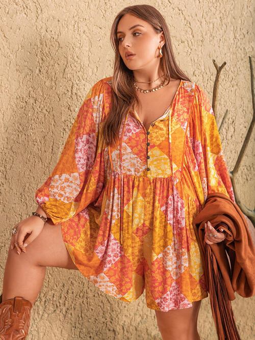 Plus Size Floral Tie Neck Balloon Sleeve Romper - Glow Goddess