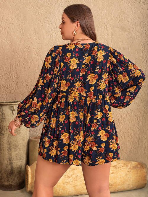 Plus Size Floral Tie Neck Balloon Sleeve Romper - Glow Goddess
