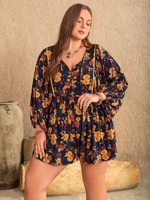 Plus Size Floral Tie Neck Balloon Sleeve Romper - Glow Goddess