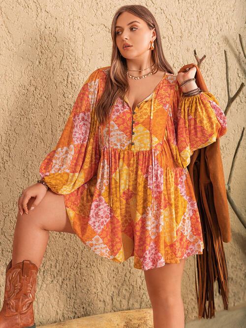 Plus Size Floral Tie Neck Balloon Sleeve Romper - Glow Goddess