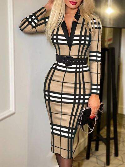 Printed Notched Long Sleeve Wrap Dress - Glow Goddess