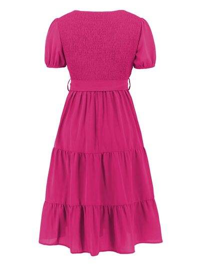 Smocked Tie Front Short Sleeve Tiered Dress - Glow Goddess