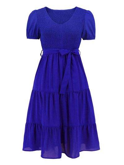 Smocked Tie Front Short Sleeve Tiered Dress - Glow Goddess