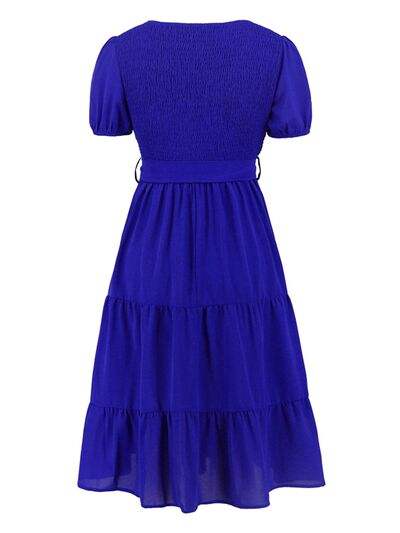 Smocked Tie Front Short Sleeve Tiered Dress - Glow Goddess