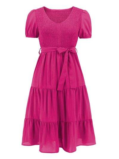 Smocked Tie Front Short Sleeve Tiered Dress - Glow Goddess