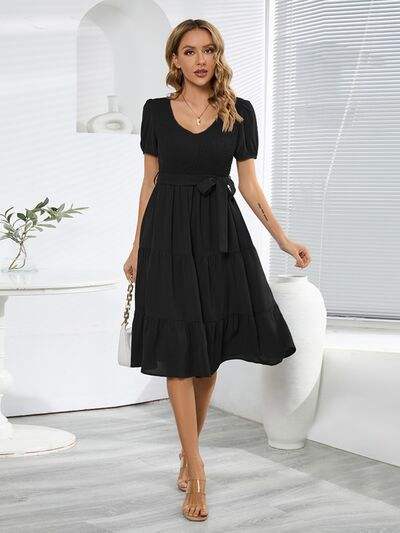 Smocked Tie Front Short Sleeve Tiered Dress - Glow Goddess